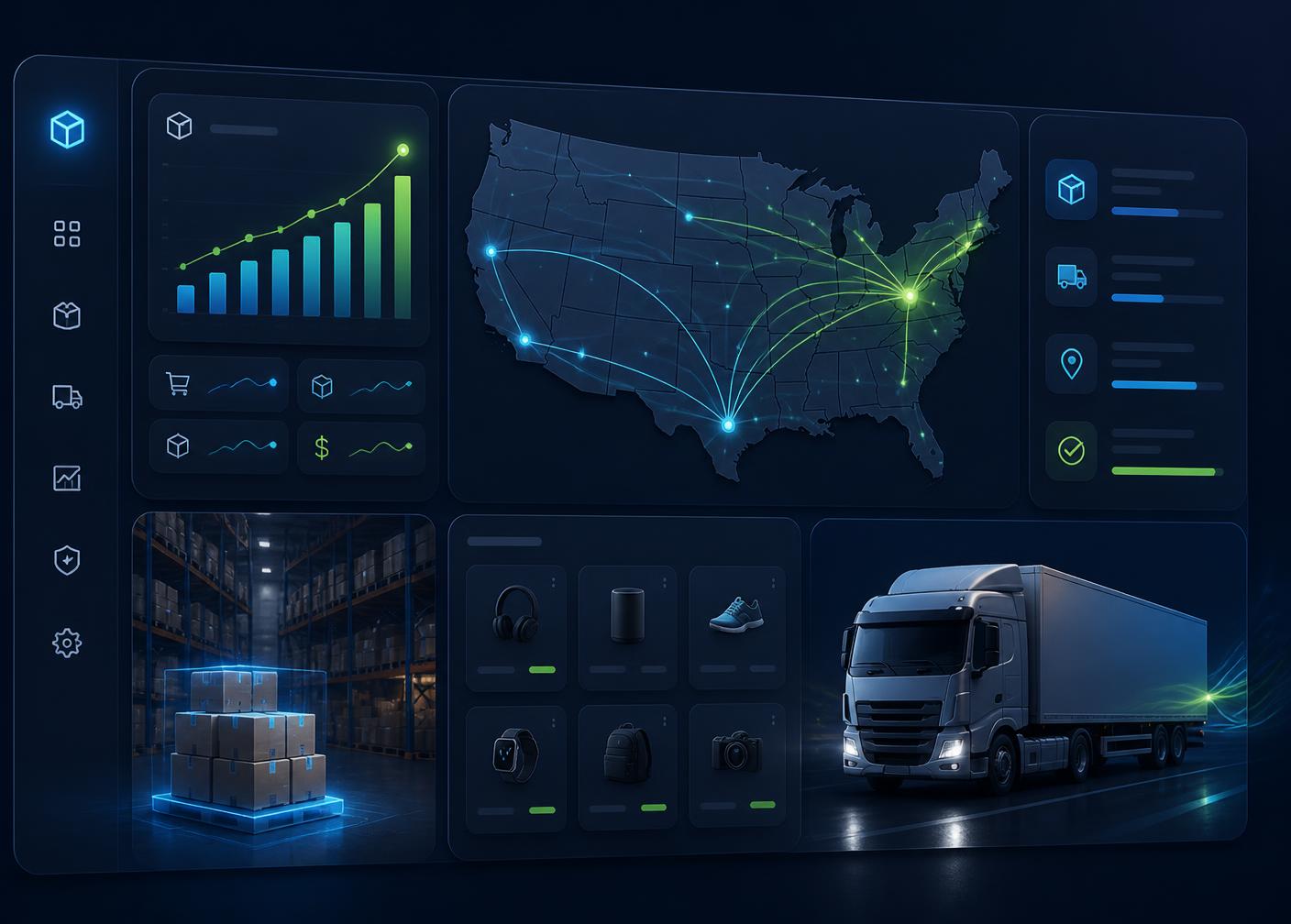 QuantixRush BD warehouse dashboard showing US shipping routes, live order analytics, and same-day fulfillment